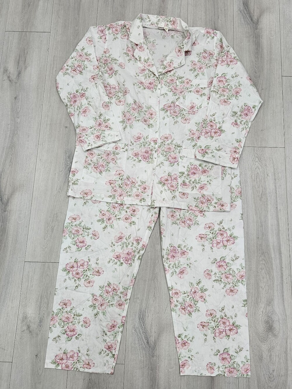 VTG Victoria's Secret Pink Floral Green Long Cotton Pajamas Set Sz L 80s NWOT - Picture 3 of 13